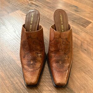 Antonio Melani Tan Leather Floral Mules